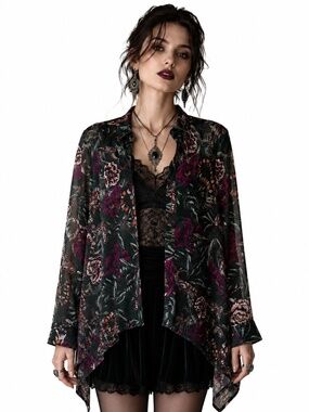 Sheer Blouse with Serpent & Botanical Print, Dark Whimsigoth, Size S